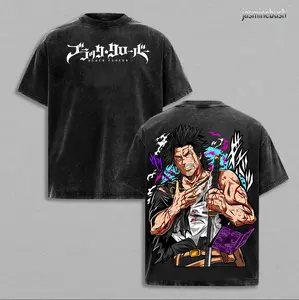 Yami Sukehiro Black Clover Vintage Washed T-Shirt, Black Bulls Captain Dark Magic Oversized Anime Streetwear Tee, Heavy Cotton Battle Graphic Top
