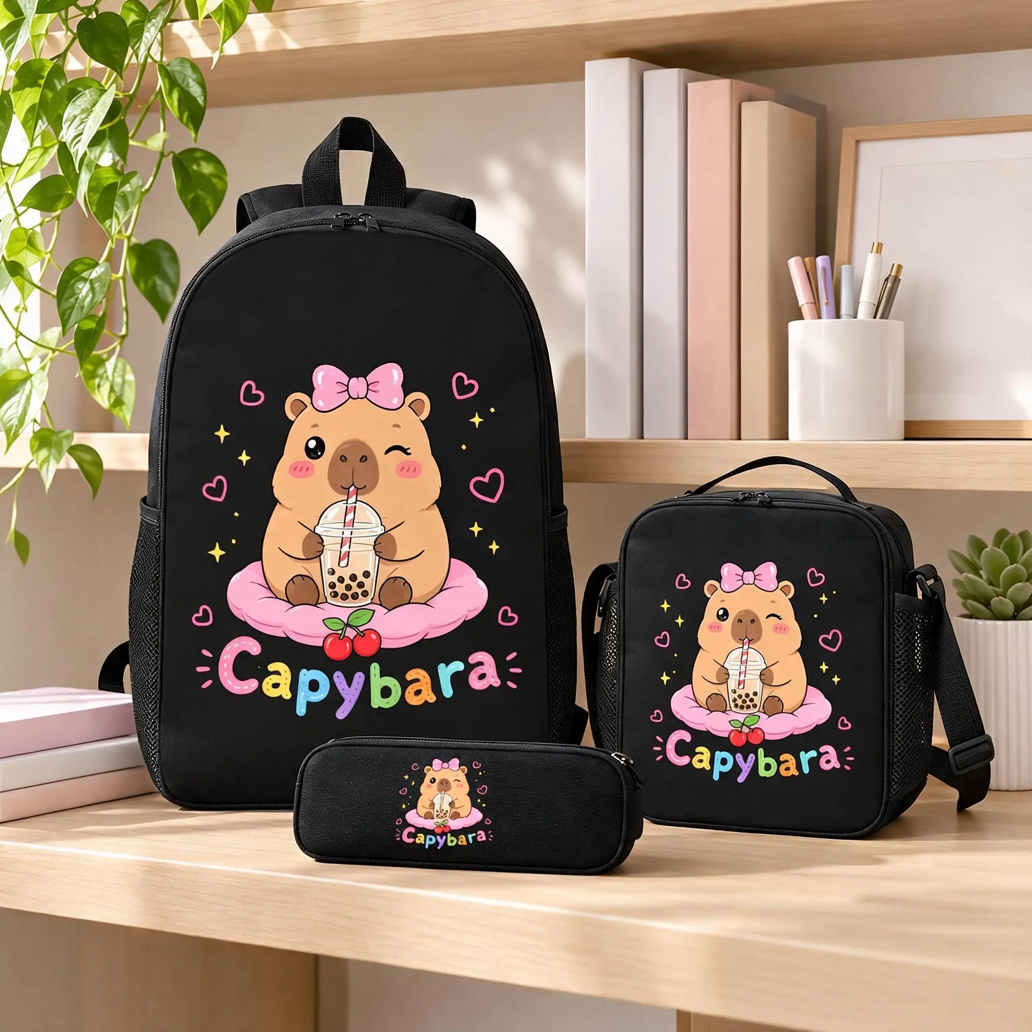 Cute Capybara Print 3-Piece School Backpack Set, Single-Layer Functional Backpack with Lunch Box & Pencil Case, Back to School Gift for Student, Backpacks For School