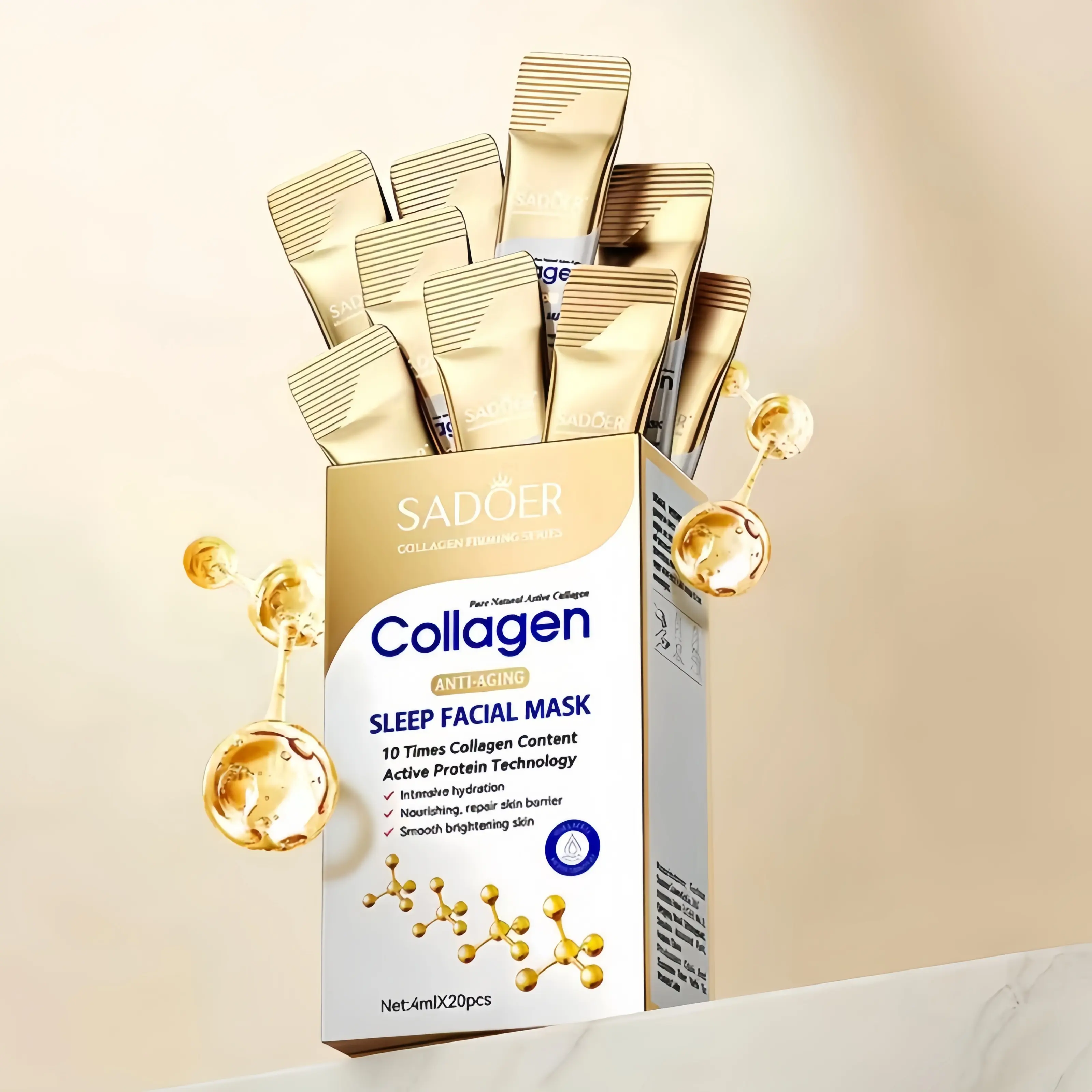 Sadoer Collagen Overnight Facial Mask (20pcs) - Hydrating, Easy-Absorption, Non-Irritating, Portable No-Wash Skin Repair Treatment for All Skin Types, Unisex Smooth Intensive