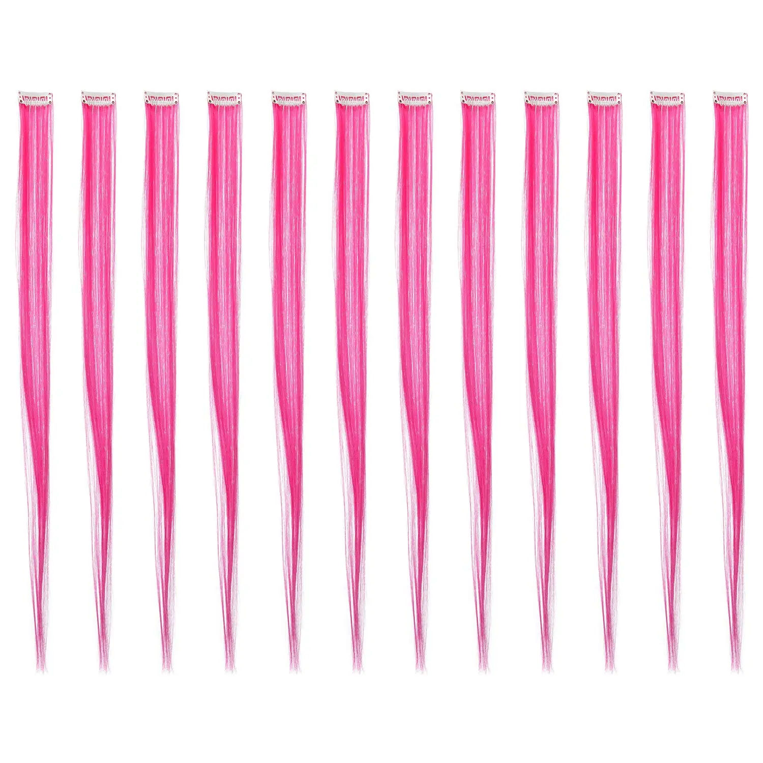 12 Pcs Straight One Color Party Highlights Clip on in Hair Extensions Colored Hair Streak Synthetic Hairpieces (Neon Pink)