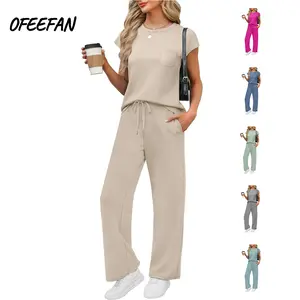 OFEEFAN Womenswear 2 Piece Sets for Women Casual Summer Travel Vacation Outfits Cap Sleeve Lounge Set Chic Crewneck Soft Silky Breathable Clothes