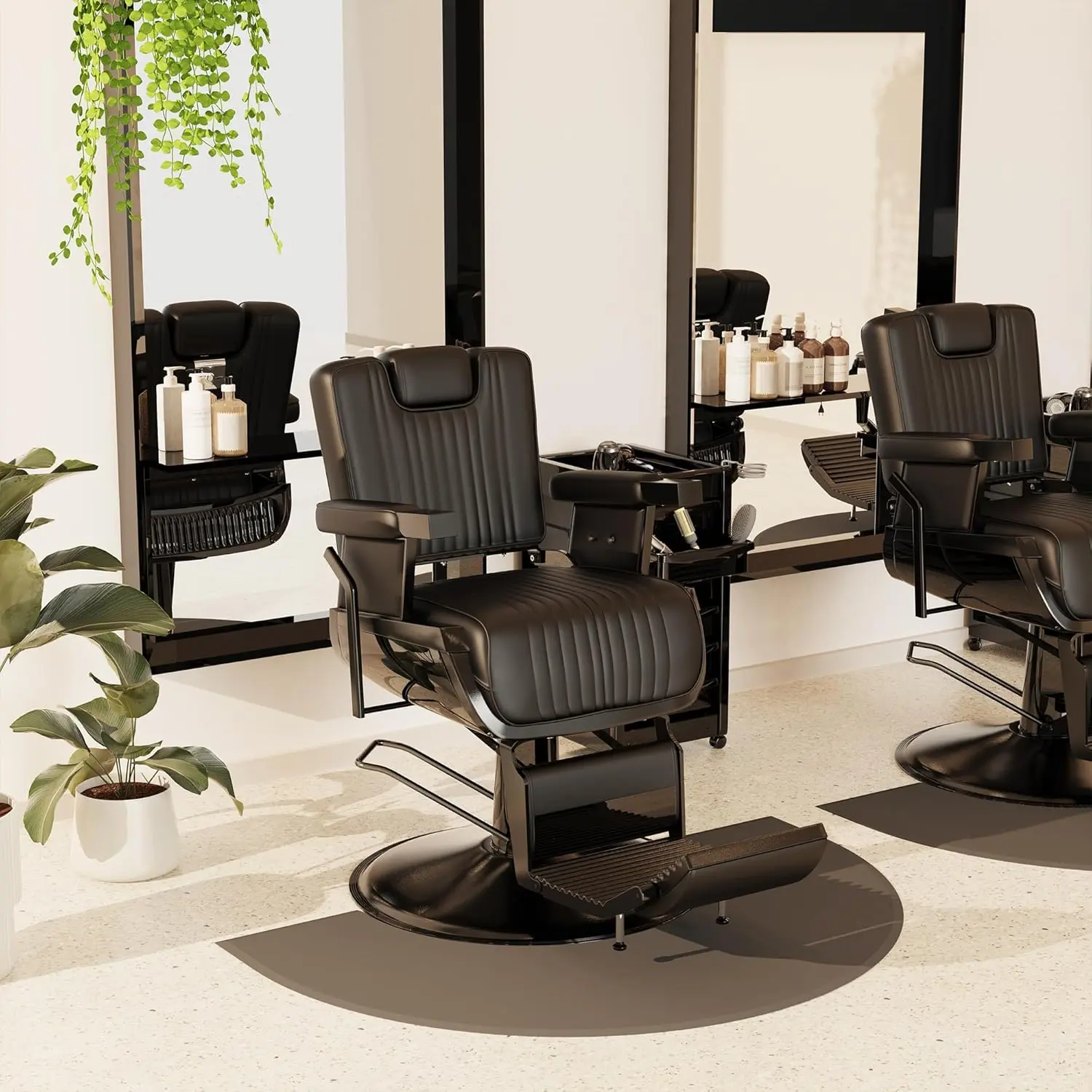 Baasha Professional Stable PU Leather Barber Chair - Vintage Reclining Salon Seat with Removable Headrest, 440 lbs Capacity Heavy-Duty Hydraulic Base, Durable Comfortable Cushion, Assembly Required Tattoo/Hairdressing Use, Contoured Padding, Modern All-Bl