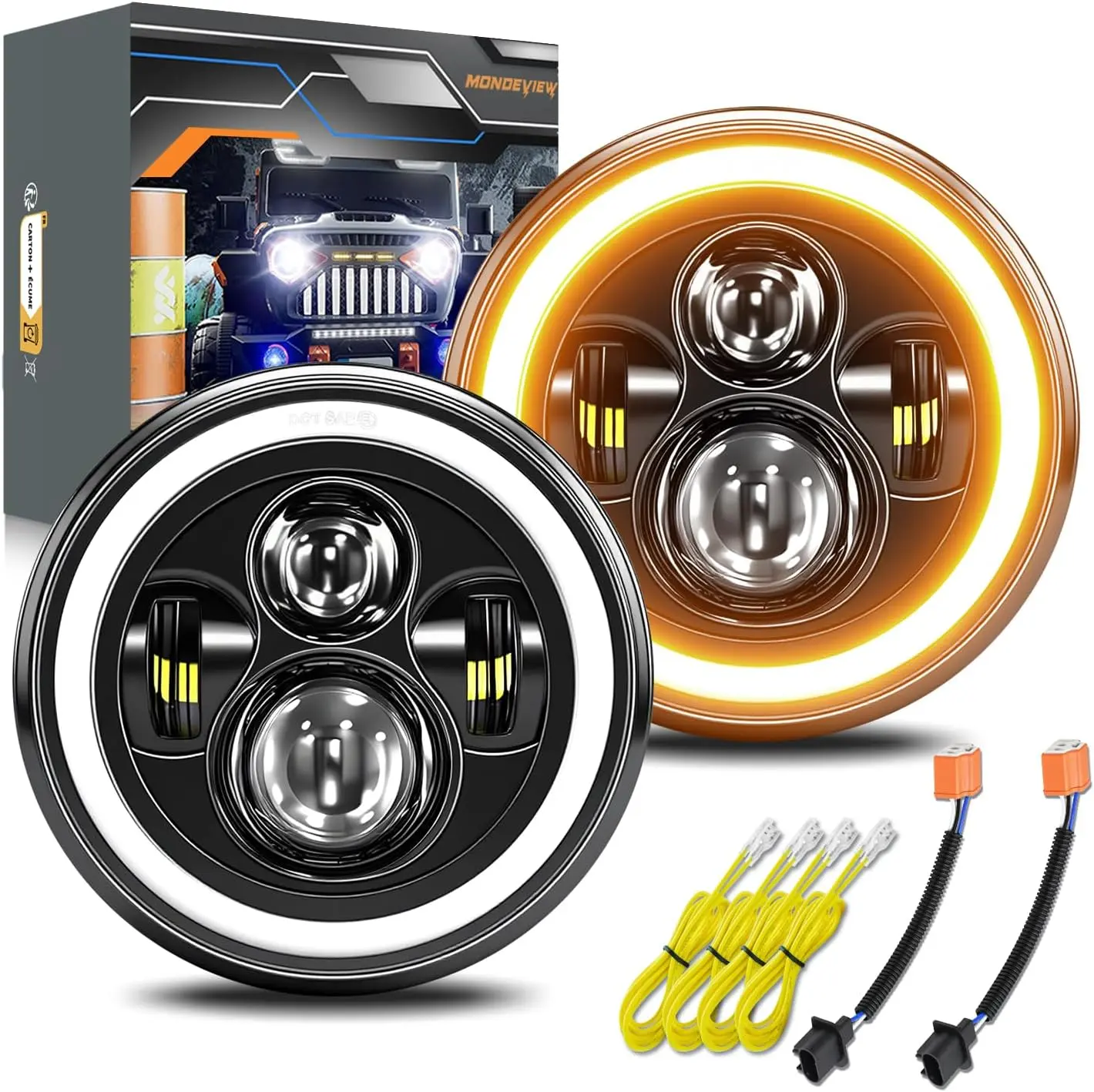 LED HeadLight Bulbs 7inch Round Motorcycle LED HeadLamp Angle Eyes Turn Signal Compatible With Lada Niva Urban Offroad 4x4(2PCS BLACK)