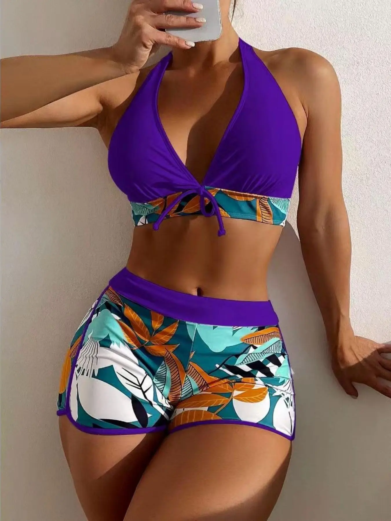 Women's Colorblock Print Bikini Swimsuit, Casual Tight-Fitting Tropical Pattern, Summer Outer Fabric, Moderate Thickness Knitted Swimwear, Swimsuit Style Bikini, Swimsuit Set, Summer Swimsuits