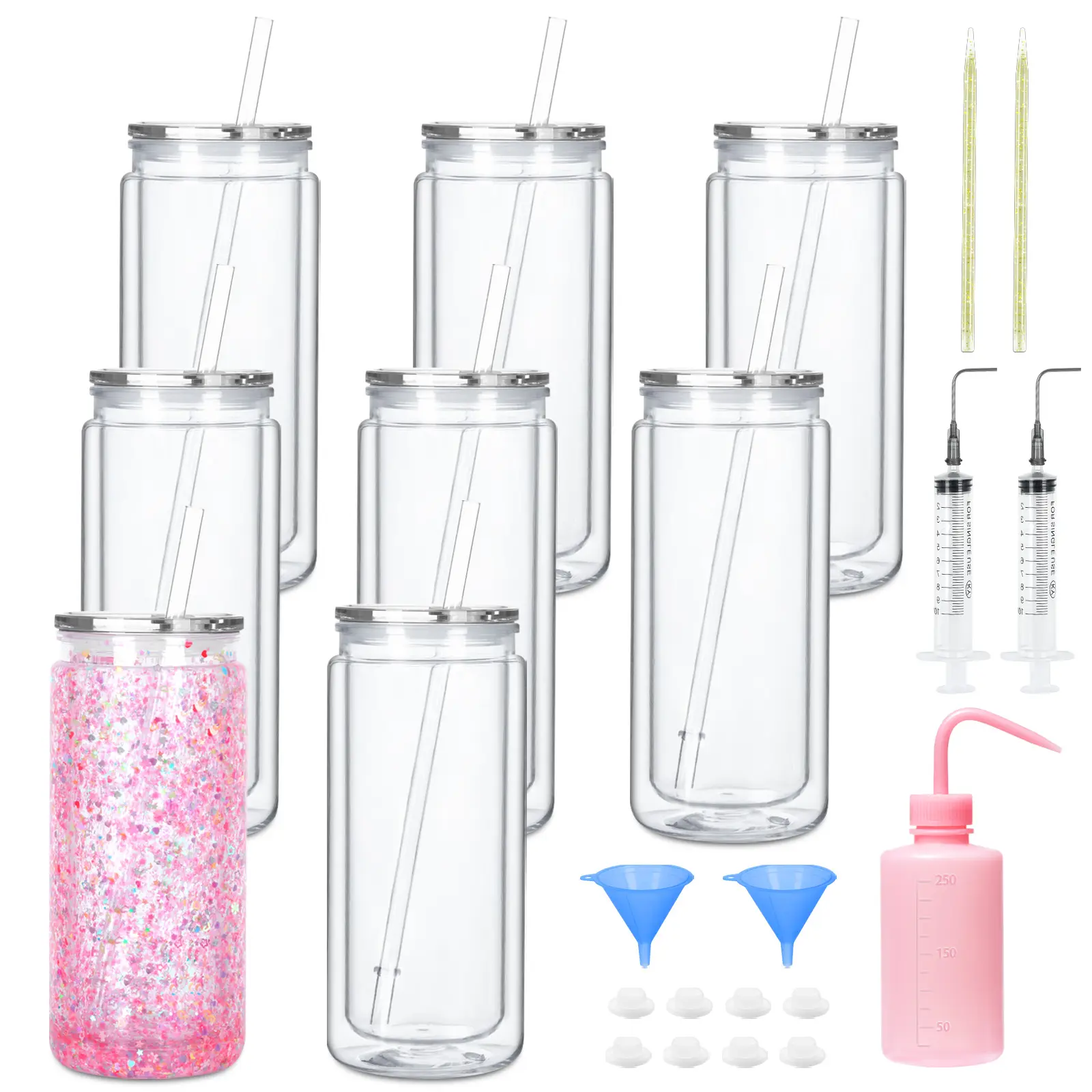 Unisex Adults 8-Pack Reusable 20oz Acrylic Snow Globe Tumbler Set - Leakproof Double-Wall Portable 500-1000ml Plastic Water Bottle with Lid, Straw, Washable Silicone DIY Tool Kit, Ideal for DIY Gifts (Strict Waterproof Testing)