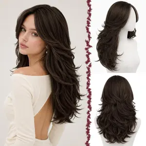 Dark Brown Layered Wig with Bangs, Long Wavy Wig with Curtain Bangs(Can Be Trimmed)  Looking  Feathered Layers Synthetic Wigs for Women 22 inch for Daily Party Wear