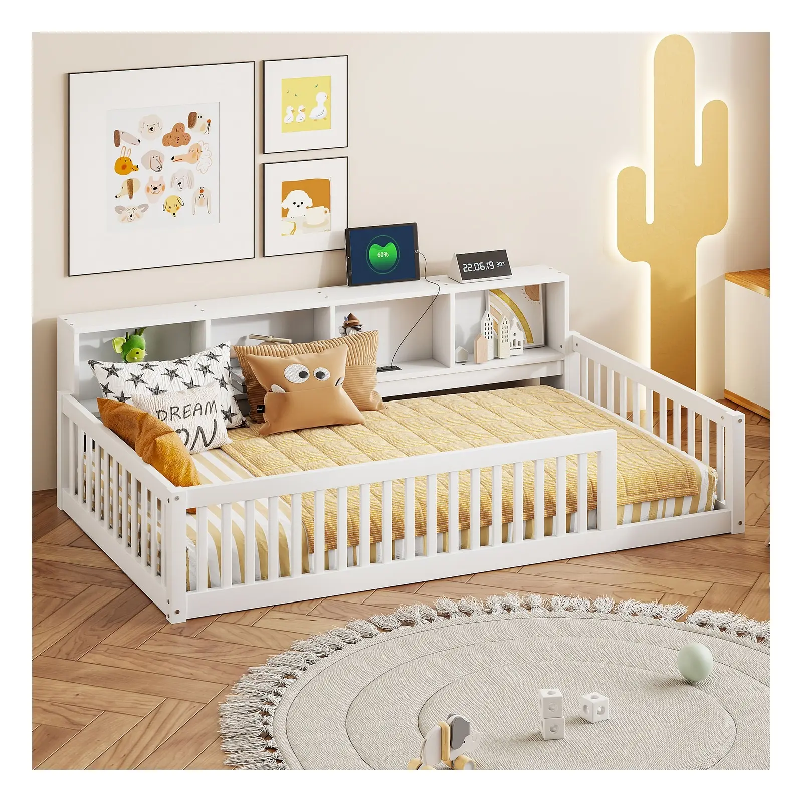 Twin XL Wood Low-Profile Floor Bed Frame with Charging Station, Storage Shelves, Guardrails and 400 lb Capacity, White/Gray/Brown
