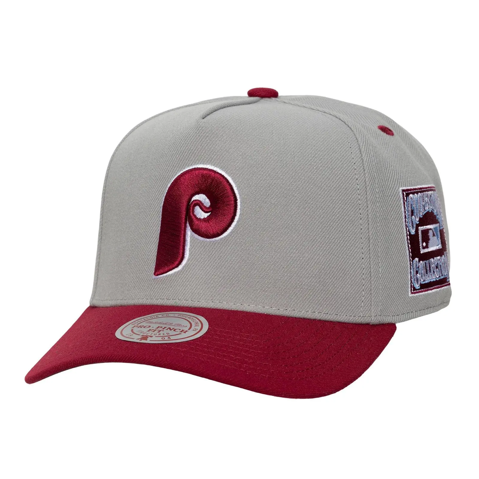 Philadelphia Phillies Gray/Burgundy Cooperstown Legendary Away Pro Pinch Snapback Hat MLB Throwback Cap Adjustable Fan Gear Mitchell & Ness