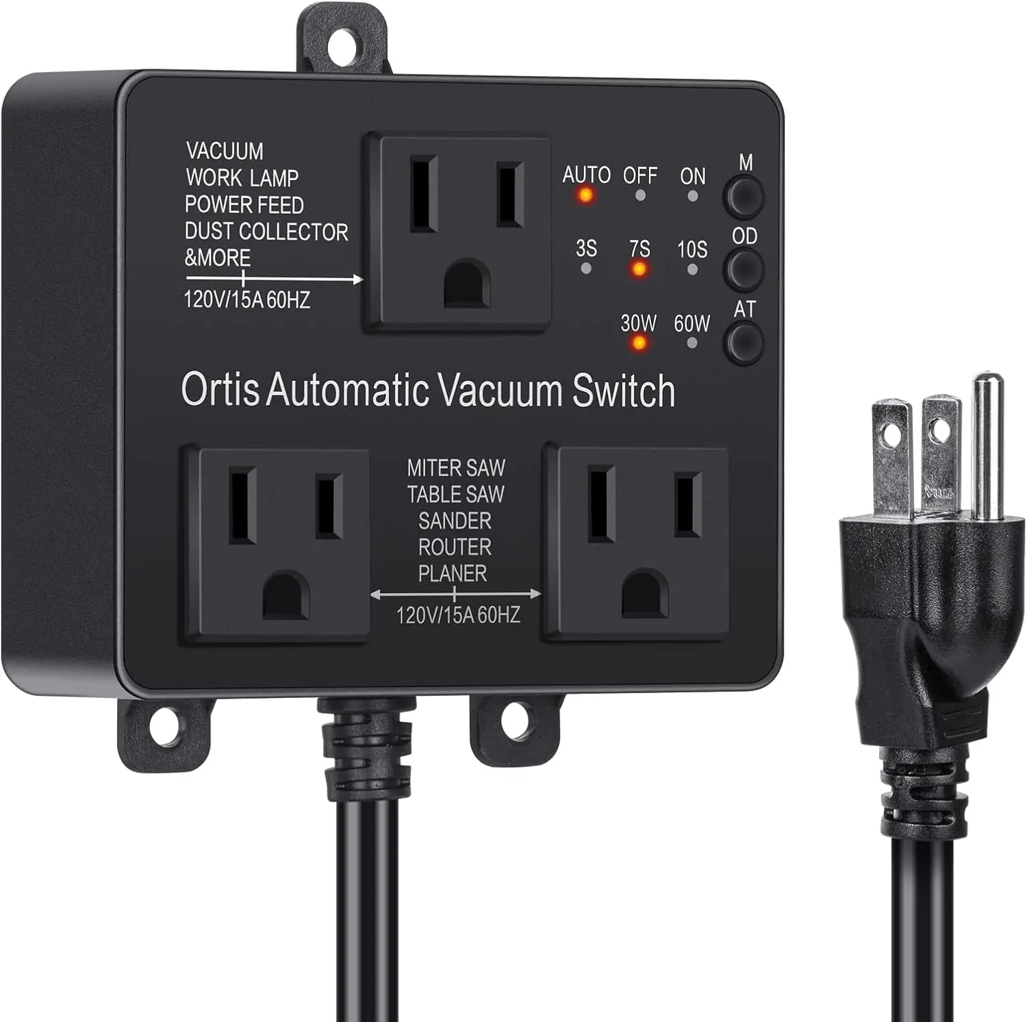 Automatic Vacuum Switch with Extra Outlet for Power Tools, 1875W Max, LED Display Screen, Auto Delay Tool Control, Automatic Turn-On Delay, Dust Control Autoswitch, Adjustable Actuation Threshold, Circuit Overload & Tripping Prevention, Black