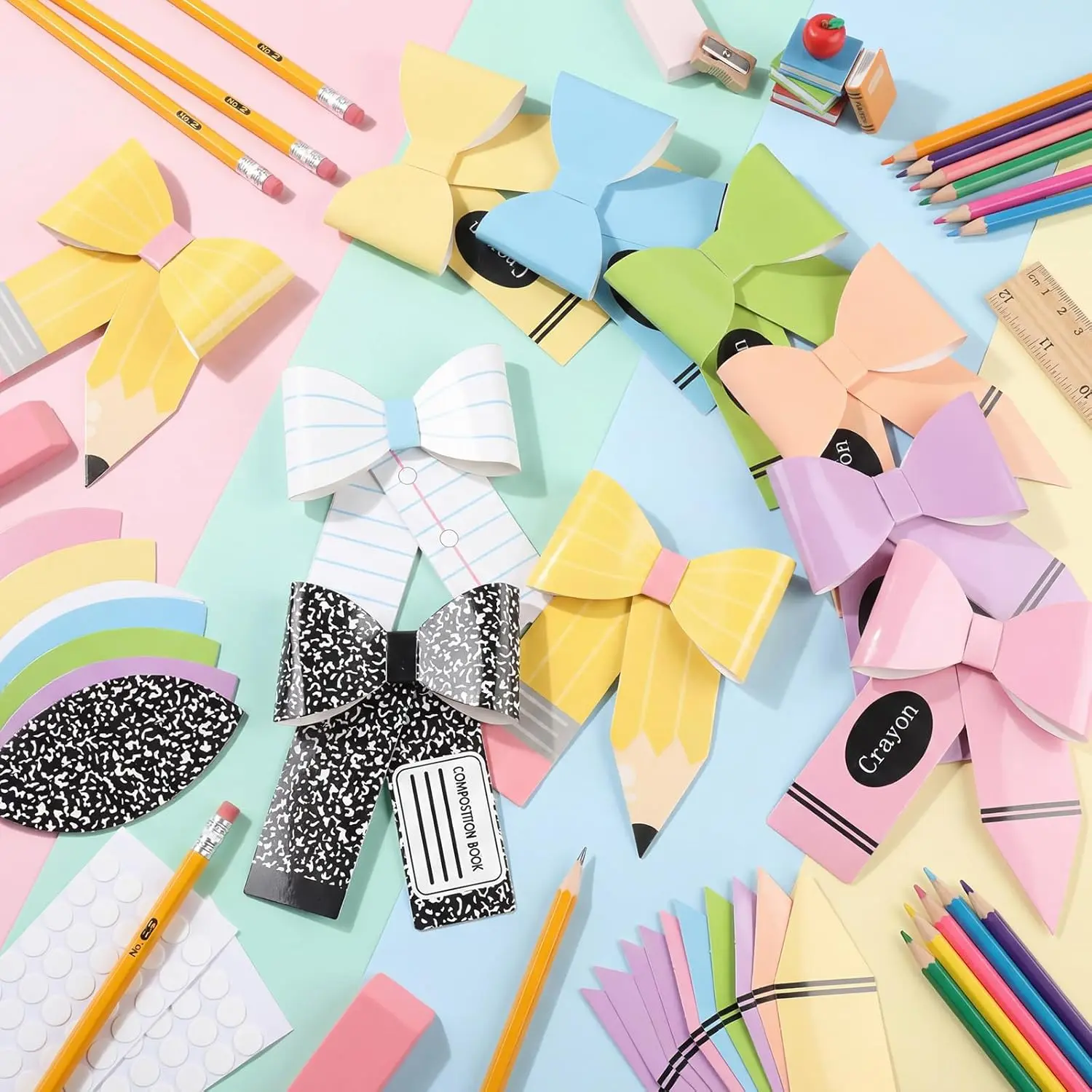 Back to School Large Bow Classroom Decor Vibrant 3D Crayon Bow Decor with Pencil & Composition Notebook Design for Bulletin Board Chalkboard Whiteboard Wall Door First Day of School Teachers Preschool Kindergarten Elementary Homeschool Classroom Setup