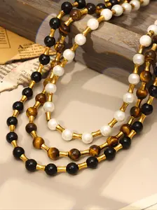 Elegant Women's Necklace with Natural Stone Tiger Eye Beads, Stainless Steel Bamboo Ot Clasp Chain Fashionable Jewelry Gift for Her