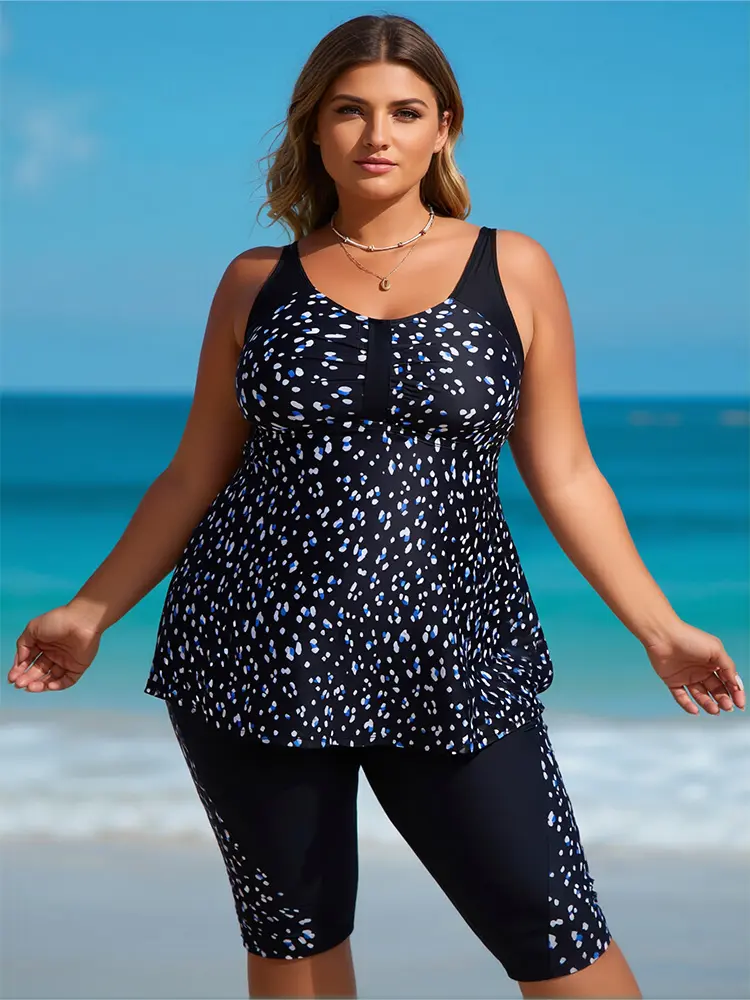 Women's Plus Size Tankini Set, 2-Piece Speckle Print Bathing Suit with Tummy Control Racerback Swing Top and Capri Leggings, Swimsuits Tankini, Fashion Tankini Set Summer Tankini Beach Tankinisuit Tankini Bottoms Set Casual Swimsuit Set