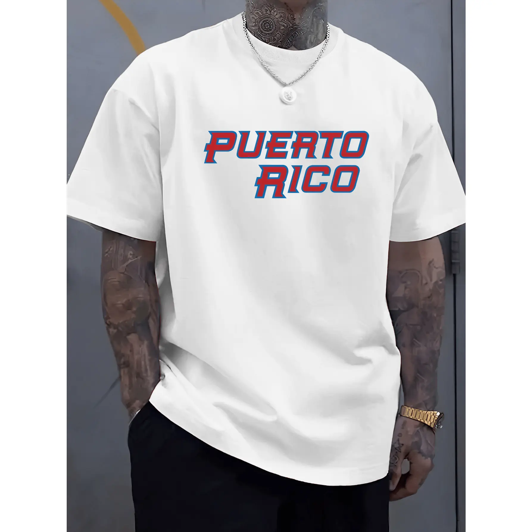 Men'S Casual T-Shirt |   Soft Stretchy Fiber Tee with PUERTO RICO Lettering in Red & Blue - Black Shirt with Bold Lettering - Everyday Streetwear for All Seasons - Lightweight Summer Top.