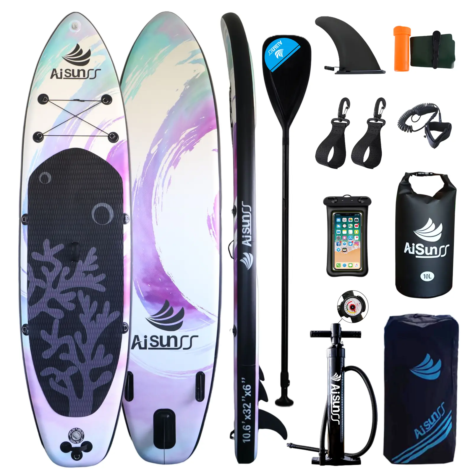 AISUNSS Inflatable Paddle Board for Adult, Paddle Board for All Skill Levels, Wide SUP Board with Primium Accessories Include SUP Carry Bag, Hand Pump, 10L Waterproof Bag