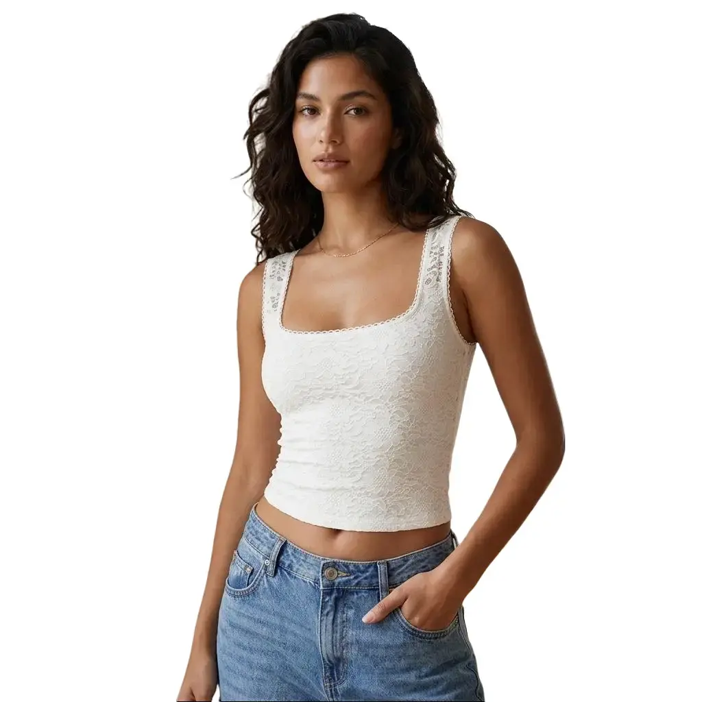 Women's Floral Lace Square Neck Tank Top, Double Layer Slim Fit Sleeveless Crop Top, French Style Romantic Summer Layering Top