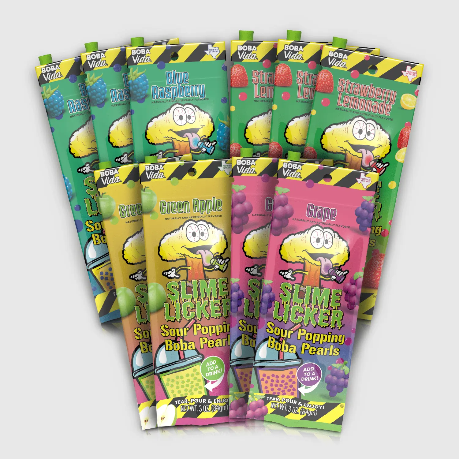 Sour Slime Licker Variety Popping Boba (10 Pouches) Green Apple, Blue Raspberry, Strawbeery lemonade, Sour Grape,  Bursting boba Pearls for Beverage Drinks, Bubble teas & Desserts | Vegan, Gluten-Free | Tapioca pearls alternative, Includes Straws
