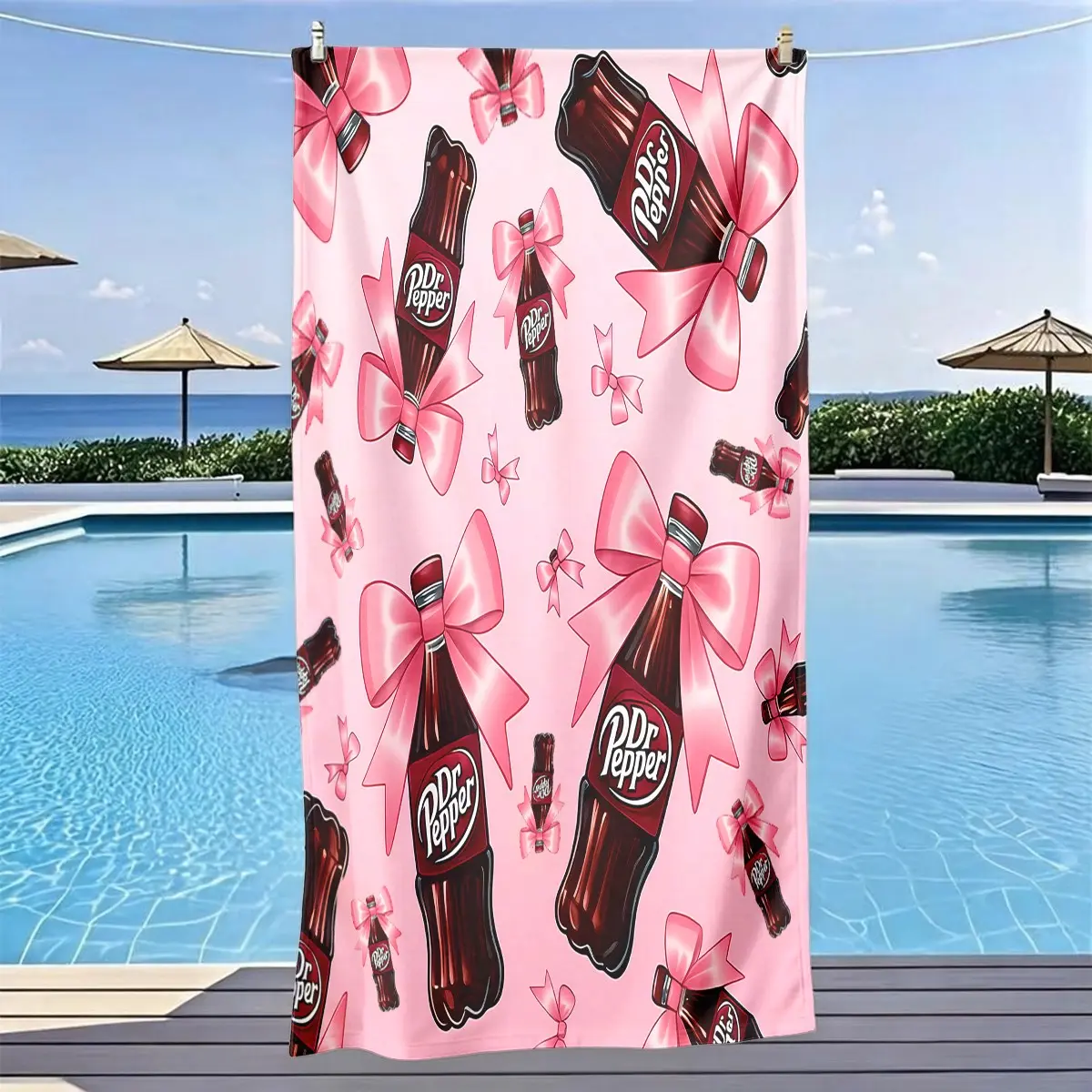 Bow Pepper Dr. Soda Bottle Theme Beach Towel, Absorbent Towel, Quick Drying Absorbent, Fast Drying Ultra Soft Polyester Fiber, Multi-Purpose Yoga Travel Swimming Camping, Design Beach Towel