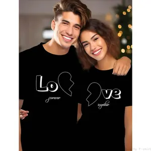 Love Forever Heart Print Menswear Top, 220g Cotton Couple Style Crewneck Tshirt, Casual Valentine's Gift Tee, Elegant Beige Streetwear Look Breathable Womenswear Clothes Day Everyday Soft Suits Thick