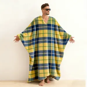 Classic Plaid Print Flannel Men's V-Neck Long Robe Kaftan, Traditional Checkered Pattern Brushed Cotton Loungewear, Soft Warm Long Sleeve H