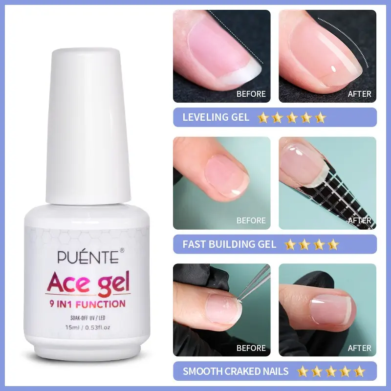 Puente 15ML 9-In-1 Ace Acrylic Gel Nail Polish Acrylic Nails Gel Fast Building Leveling Builder Gel Quick Drying Durable Nail Tips Glue Gel Soak Off UV LED Functional Gel Home Salon DIY Manicure Gift for Women