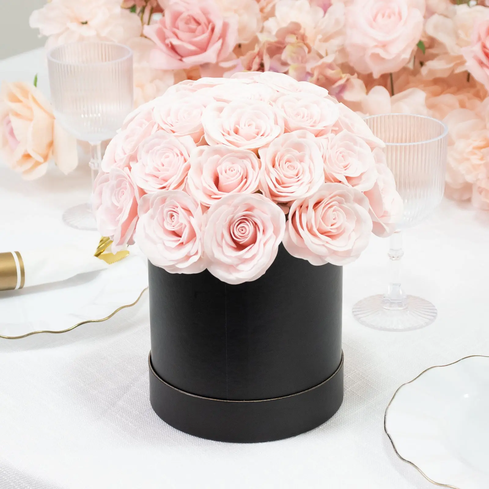 Blush Pink Artificial Flower Bouquet Centerpiece, 27-Piece Rose Decor for Room Decor with Black Round Gift Box