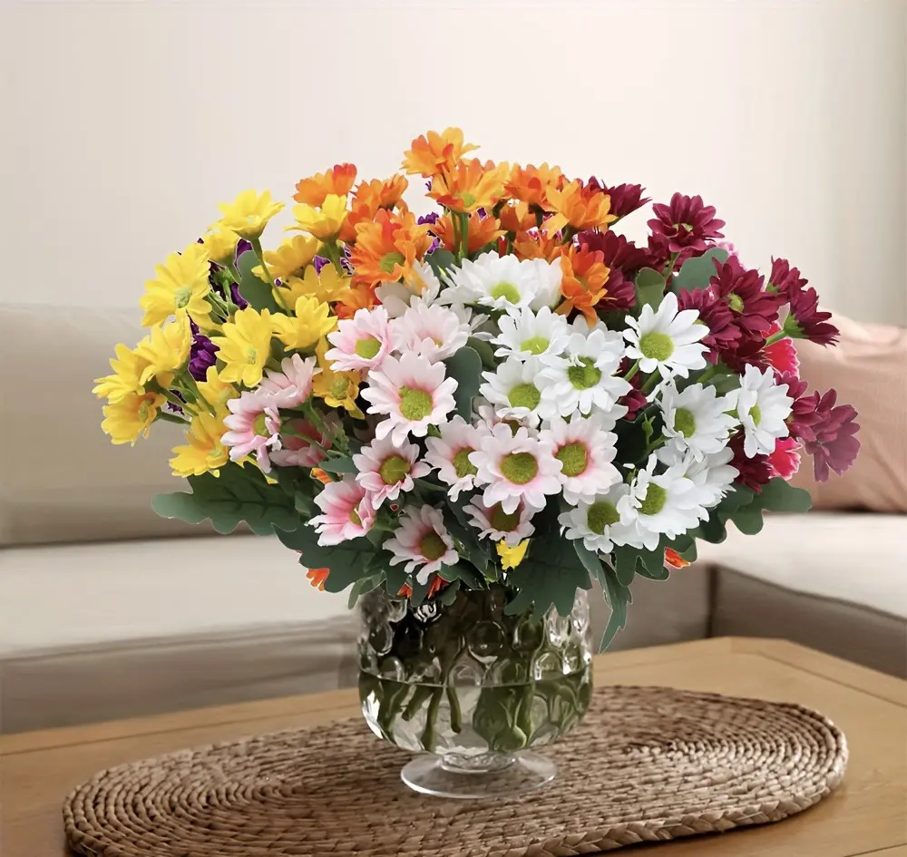 S.W. Durable Lifelike Vibrant Spring Daisy Mix Bouquets - UV-Resistant, Waterproof Artificial Flowers with Wisteria, Decorative Fruit, Bows - for Table, Living Rooms, Indoor/Outdoor Home Decor - Yellow, Orange, White