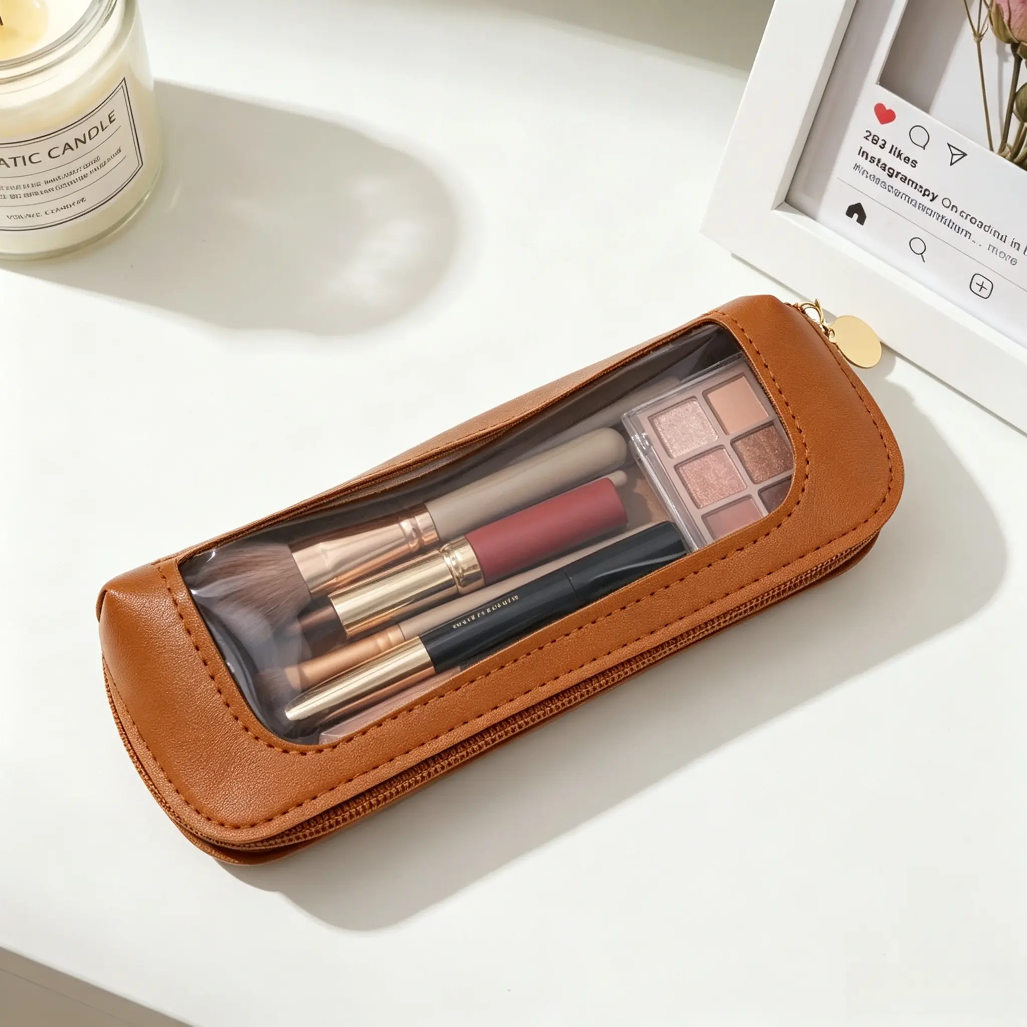 Easy-See Clear Makeup Brush Bag, Slim Waterproof Leather Zipper Pouch, Handy Travel Cosmetic Storage Case for Work & Trips