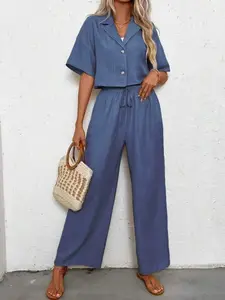 Women's Summer Casual Set, Womenswear Loose Wide Leg Pants + Button Front Cardigan Top Two-Piece, Comfortable Versatile for Commuting & Leisure