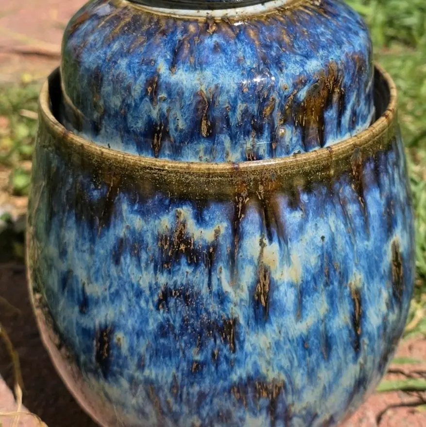 Wheel Thrown Jar with Lid Half Gallon Blue Ceramic Pottery Container