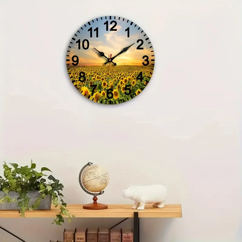 1pc Silent Wood Wall Clock with Sunflower Field Design, Round Wooden Quartz Clock for Bedroom, Living Room, Office, Kitchen & Bathroom Decor, AA Battery Operated (Battery Not Included)