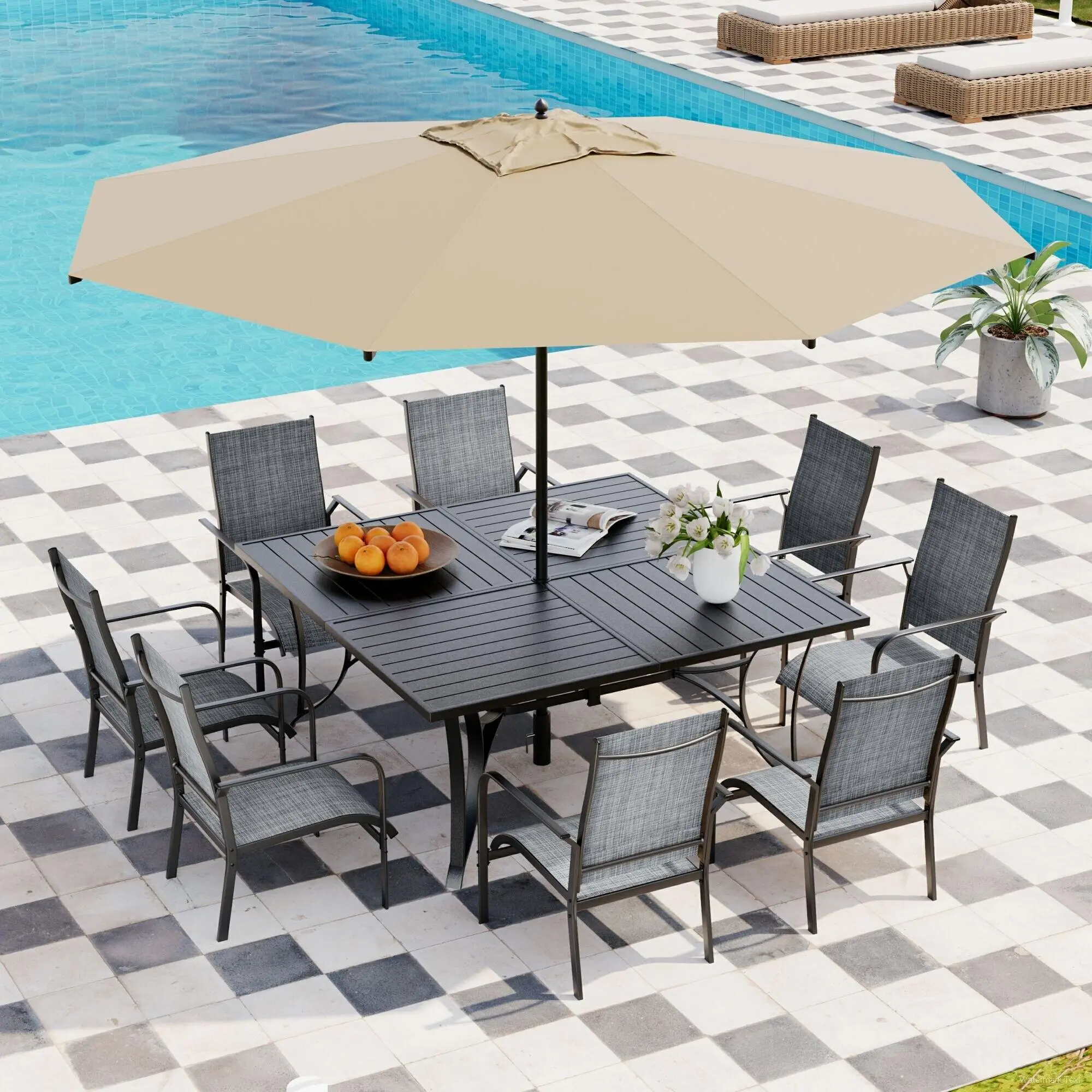 9-Piece Outdoor Dining Set for 8 with Textilene Chairs & Square Iron Table, Adjustable Umbrella Hole & Weatherproof Design for Patio, Backyard, Poolside (Blue/Brown/Gray)