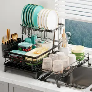 2 Tier Large Dish Drying Rack - Extendable Dish Rack, 2-in-1 Anti-Rust Stainless Steel Dishrack for Kitchen Counter and Sink, Dish Strainer with Utensil Holder & Cup Holder