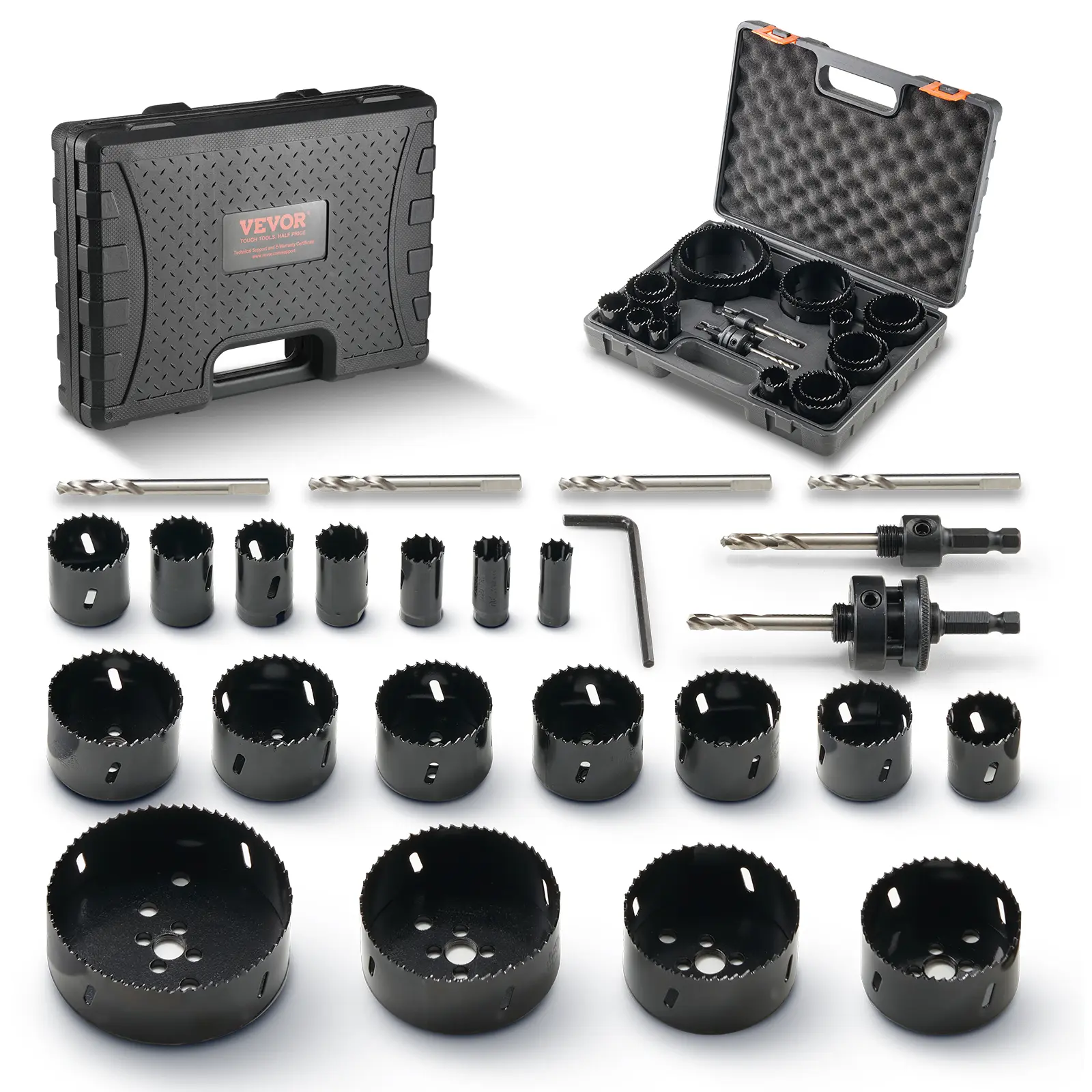 【Summerfinds】VEVOR Hole Saw Kit 18 PCS Saw Blades6 Drill Bits1 Hex WrenchGeneral Purpose Size from 3/4" to 4-1/2"Bi Metal M42 Hole Saw Set with Carrying CaseIdeal for Wood BoardPlastic and Iron Plate