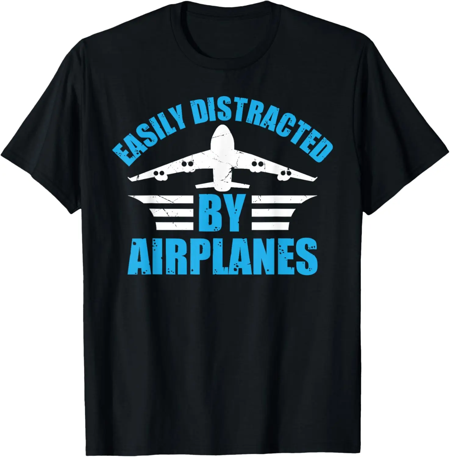 Men's Natural Cotton Round Neck Shortsleeve Tshirt - Soft Menswear Fashion Apparel Top for Aircraft Pilot Enthusiasts with "Easily Distracted by Airplanes" Graphic, Sports, Sensitive Skin, Regular Fit, Fabric, Pilot Theme, Casual, Airplane Print