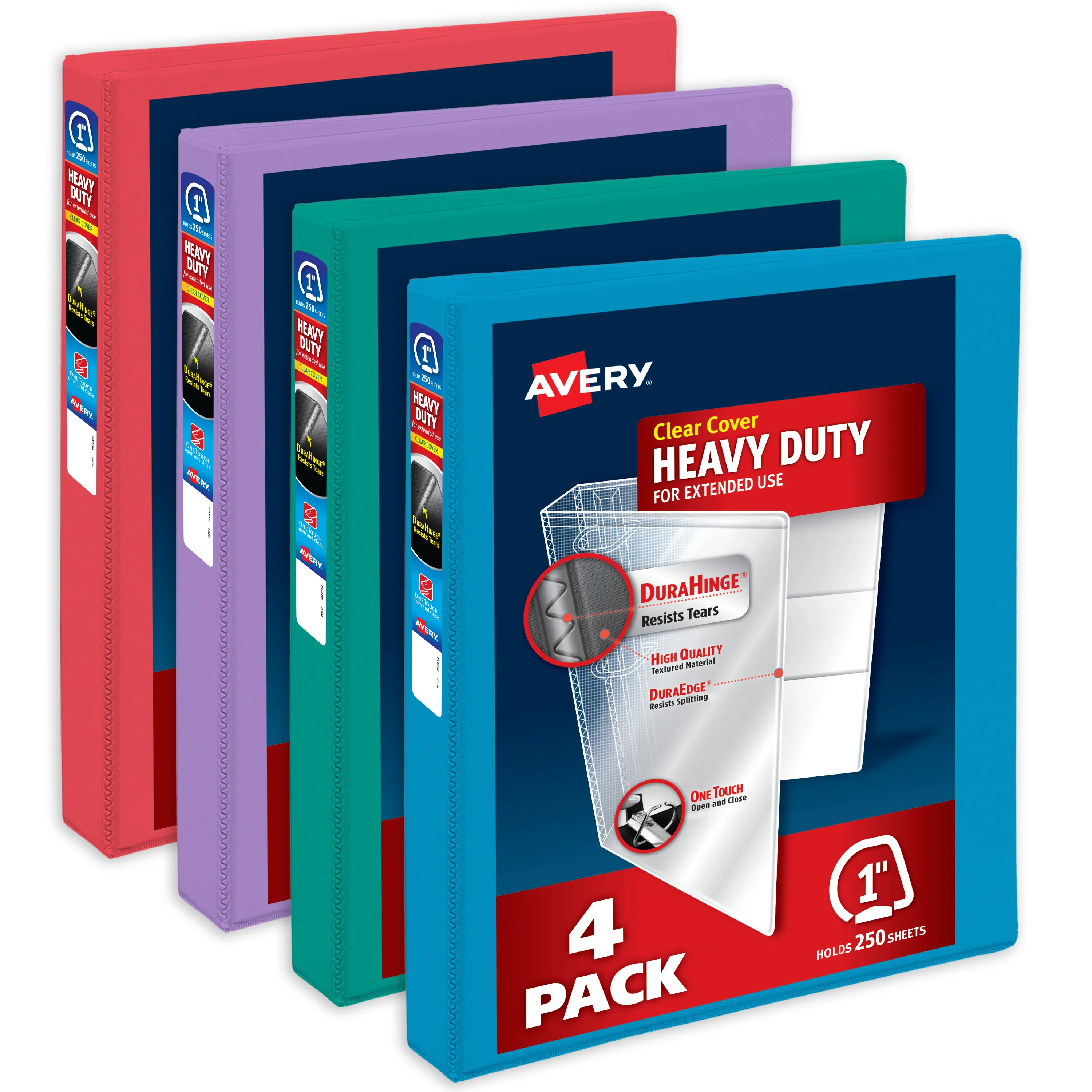 Avery Heavy-Duty View 3 Ring Binders, 1 Inch One Touch Slant Rings, 250-Sheet Capacity, DuraHinge, 1.4 Inch Wide Spine, Customizable Clear Cover and Spine, Assorted Bright Colors (4-Pack of 79630)