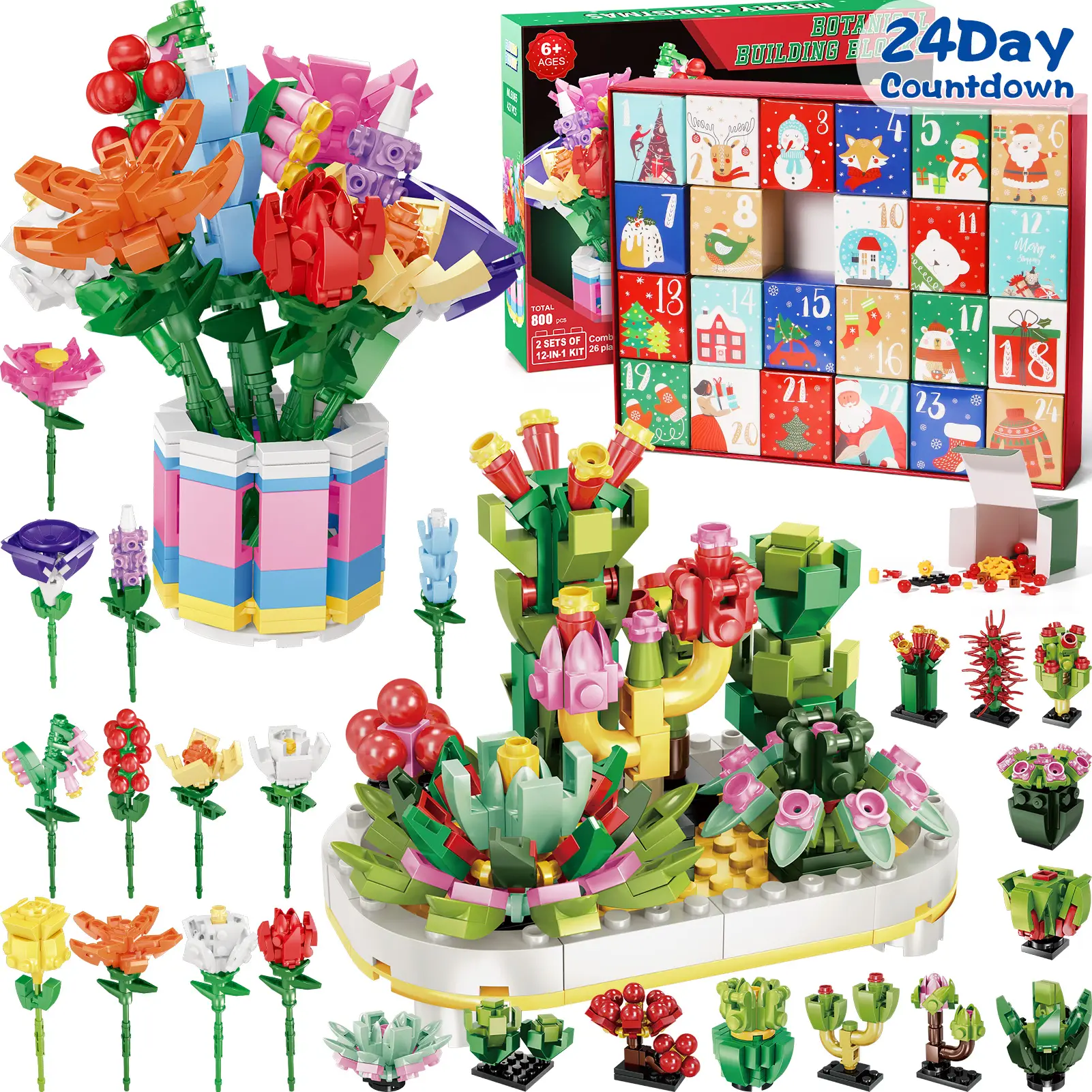 Advent Calendar 2025, 24 Days STEM Surprise Botanical puzzle blocks 12-in-1 Succulent & Flower Calendar Gift Box