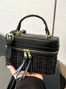 Retro gold buckle double zipper small square box bag, multi-purpose for hand-held or cross-body, tweed patchwork handbag, stylish, small and exquisite, versatile and available in multiple colors, suitable for  shopping, afternoon tea, etc.