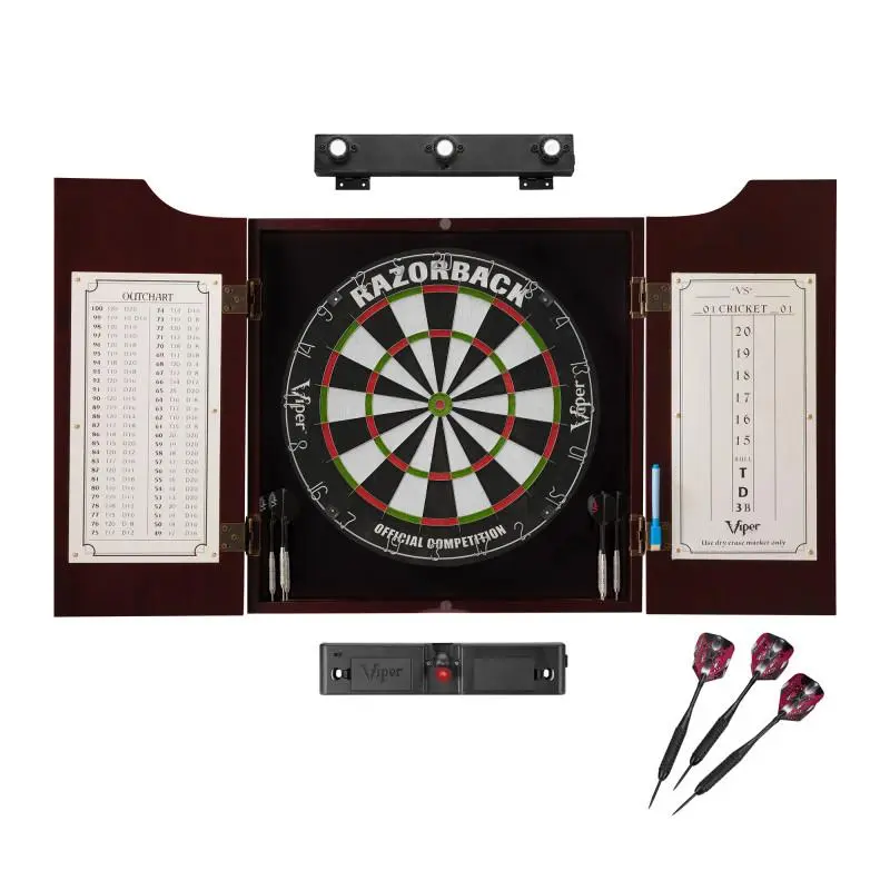 Traditional Solid Pine Dartboard Cabinet Set with Mahogany Finish - Regulation 18" Sisal Board, Dry Erase Scoreboard, Laser Throw Line, Cabinet Mounted Light (Eliminates Harsh Shadows), Darts Gear for Game Rooms