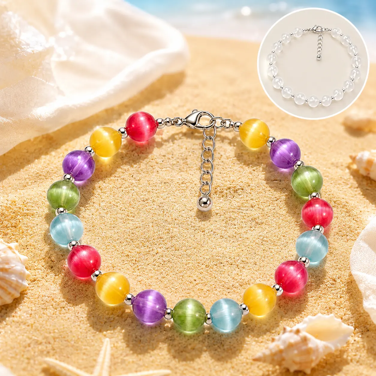 Dopamine Rainbow Beaded Anklet for Women, UV Reactive Color Changing Waterproof Ankle Bracelet, Y2K Summer Beach Jewelry, Cute Stackable Anklet for Vacation Festival Party Surf Girl Gift
