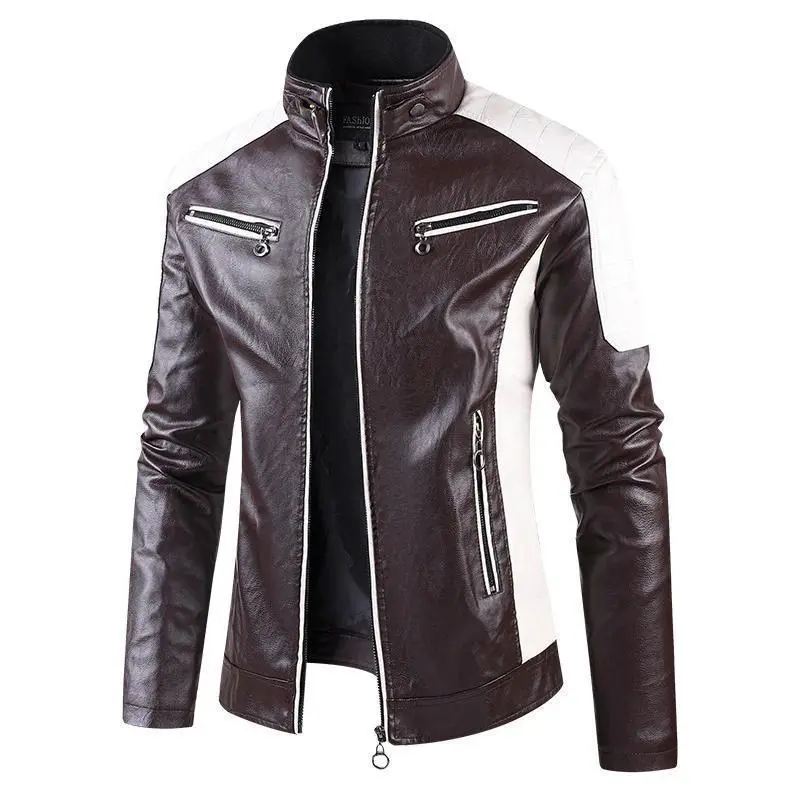 Motorcycle Equipment Leather Jacket Men's Color-blocking Stand-up Collar PU Leather Motorcycle Jacket Casual Leather Jacket Men Motorcycle Equipment Leather Jacket Men's Color-blocking Stand-up Collar PU Leather Motorcycle Jacket Casual Leather Jacket Men