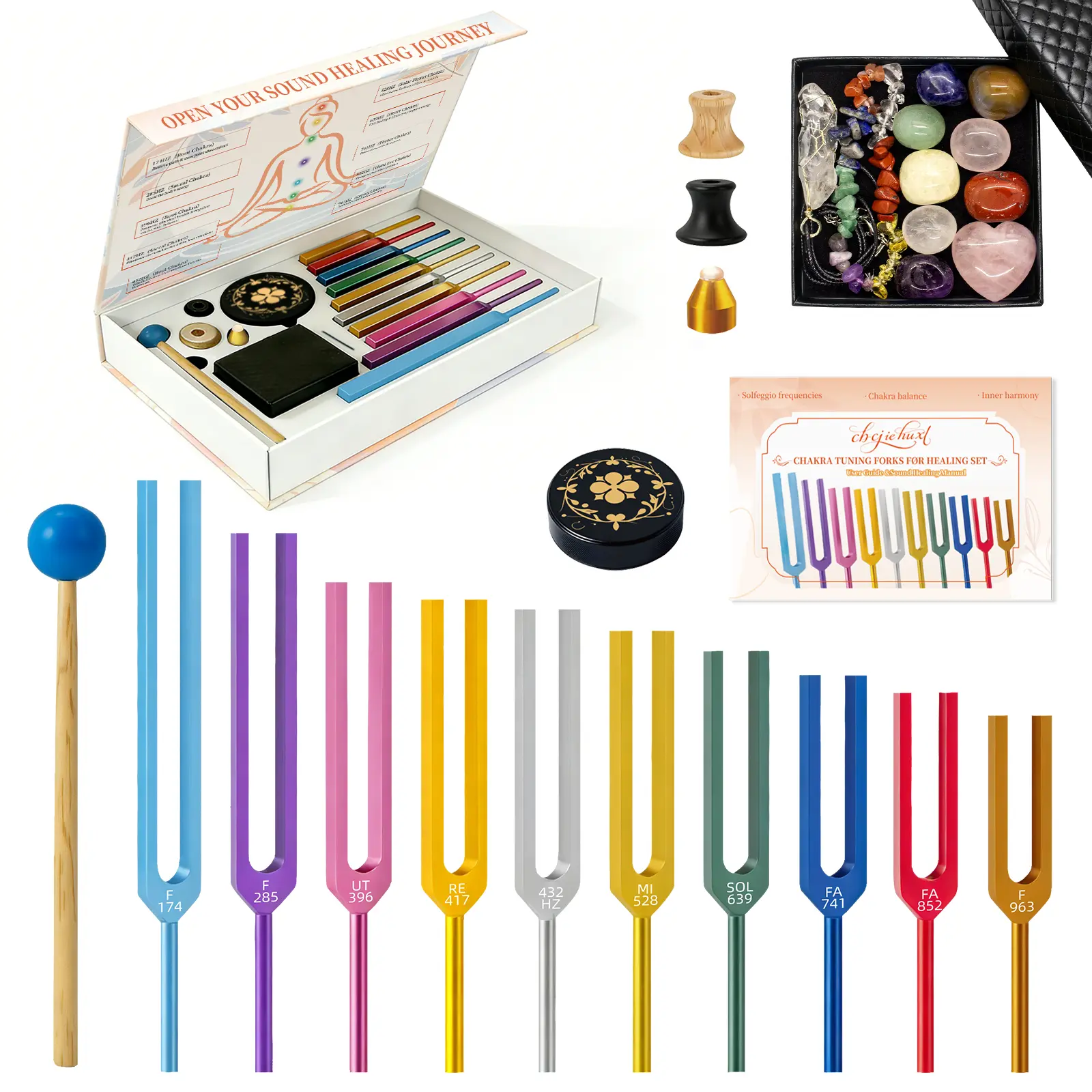 10 PCS Professional Multicolored Sound Healing Chakra Tuning Forks Set - Unweighted Solfeggio (174-963Hz) with Resonator Triangles & Crystals, Percussion Instrument for Adult Unisex Therapists’ Stress Relief