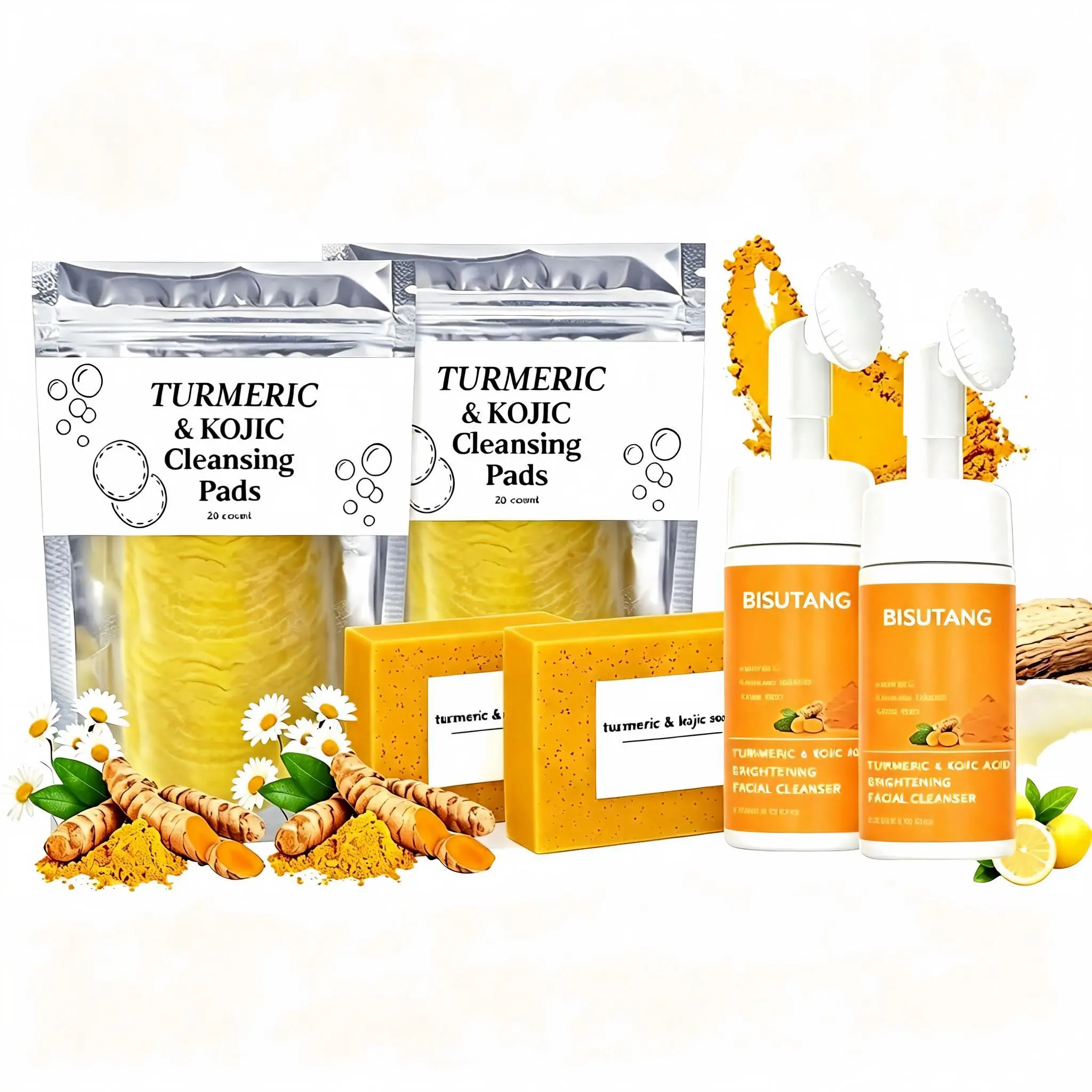 6-Piece Turmeric Skincare Set (includes 2 turmeric soaps, 2 cleansing mousses, and 2 cleansing cloths). This high-value bundle offers nourishing deep cleansing suitable for all skin types, delivering a fresh, clean experience as part of your daily routine