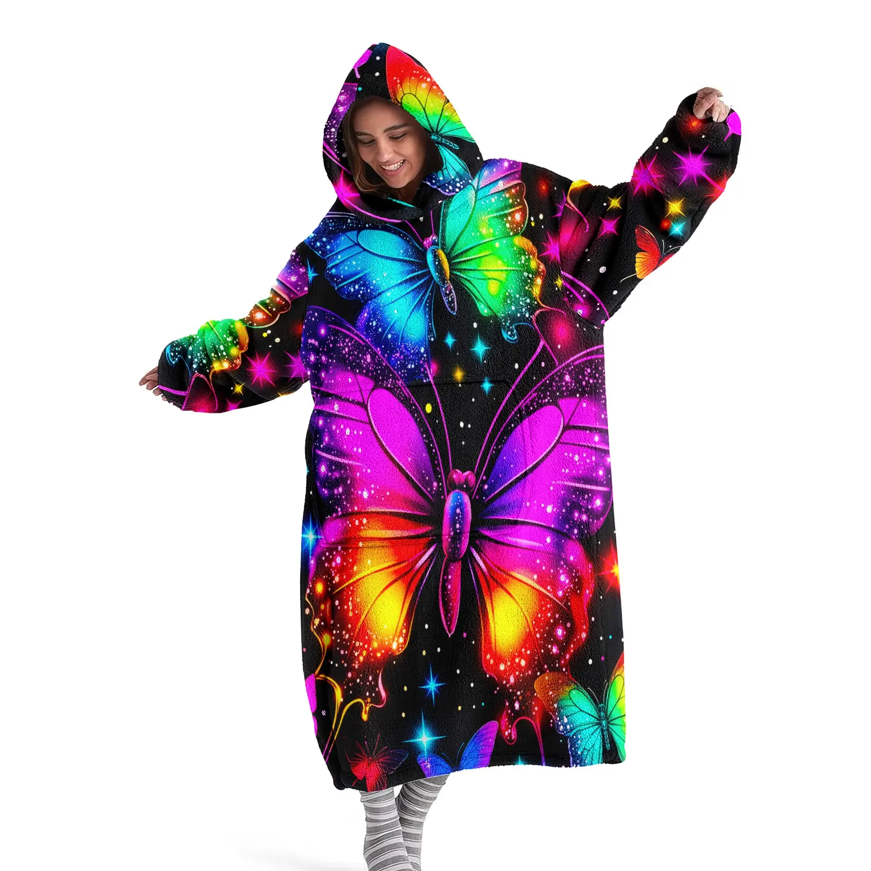 Hooded Blanket, Cozy Hooded Blanket, Wearable Blanket, Digital Print Flannel Blanket, Soft and Warm Blanket with Neon Butterfly Unicorn Pattern, Casual Blanket, Air-Conditioning Blanket, Nap Blanket, Office, Bed, Camping, Travel, Holiday Gift