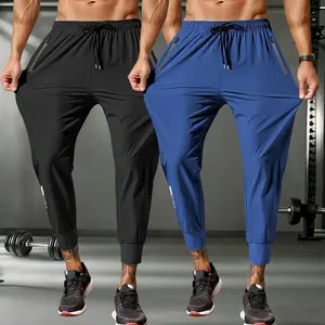 2 men's high-elastic ice silk fiber casual sweatpants, summer fitness training running breathable and quick-drying jogging pants, with zipper pockets and zipper belt