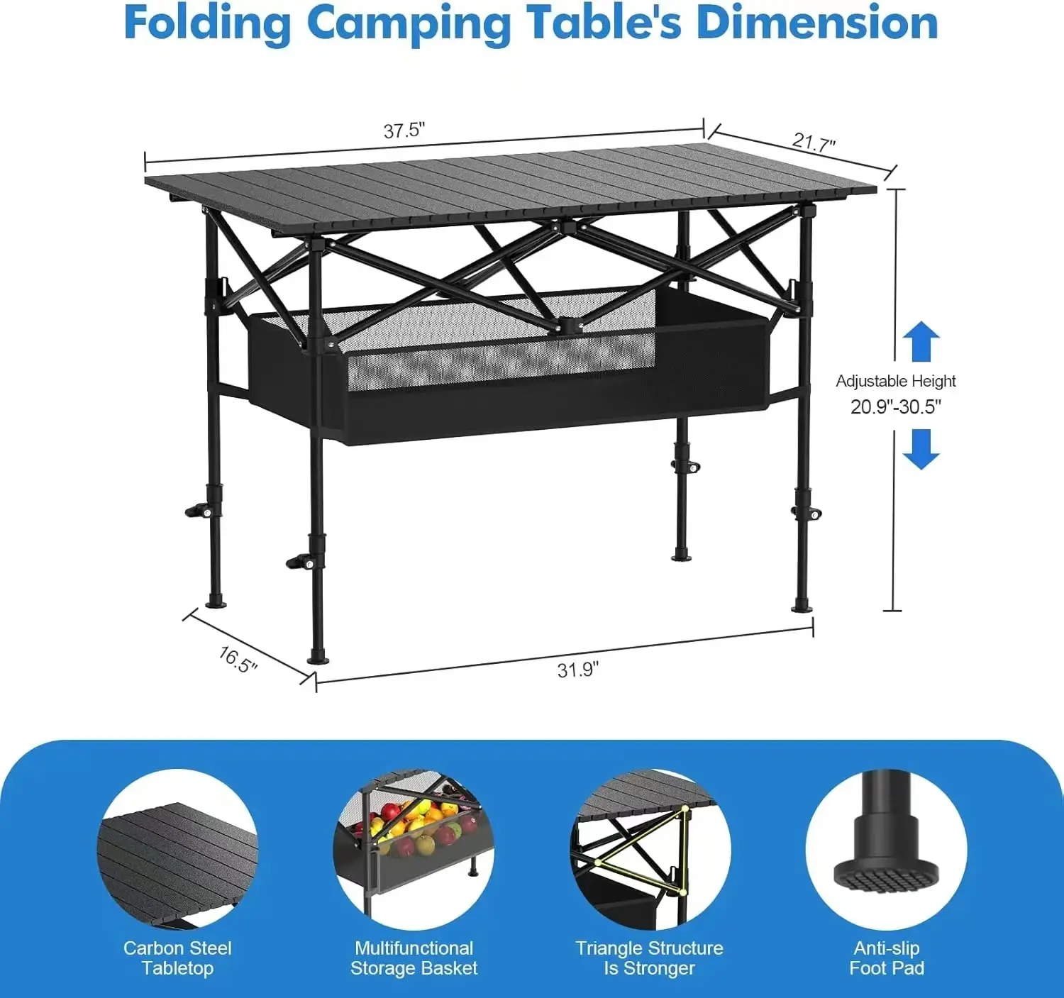 Portable Outdoor Folding Table, Adjustable Camping Table with Lower Storage Shelf, Lightweight Foldable Table for Picnic, Beach, RV, Fishing and Family Events