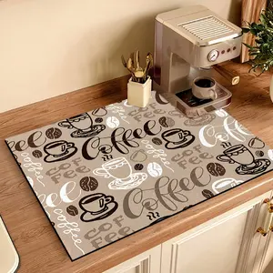 1pc Coffee-Themed Dish Drying Mat with Non-Slip Rubber Backing, Polyester & Adhesive Kitchen Counter Mat for Dishes, Coffee Cups, Machine - Decorative Kitchen Decor, Holiday Gift for Coffee Lovers, Coffee Mat, Coffeethemed Design
