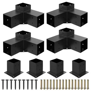 Heavy Alloy Steel 2.5mm Thick Pergola Kit for 4"x 4" (Actual 3.6" X 3.6") Lumber，8pcs (4pcs 3-Way , 4pcs Base) Corner Bracket Woodworks DIY Post Base Kit,  Suitable for Backyard，Gardens，Patio and Metal Gazebo Kits