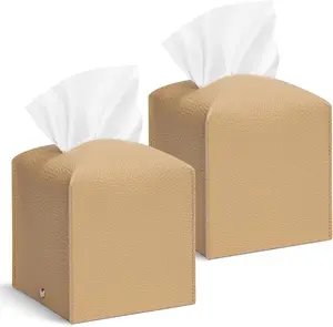 2 Pcs Square Cream Tissue Box Cover PU Leather Decorative Tissue Organizer Dispenser Holder for Bathroom, Desk, Home, Car, Office, 5.12" X 5.12" X 5.12" Accessory Cleaning