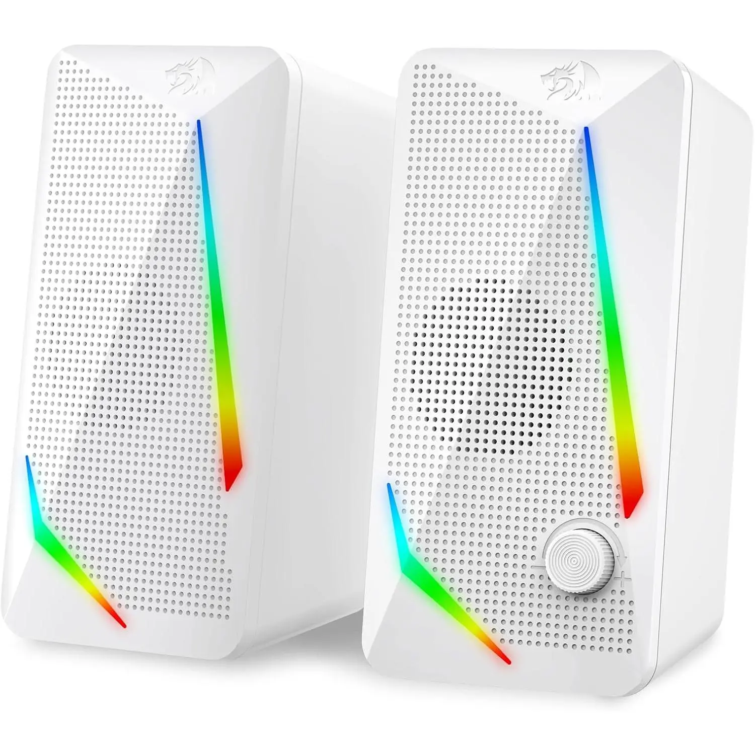 Redragon GS510 RGB Compact Stereo Desktop Speakers, 2.0 Channel Audio Plug-in PC Computer Speakers with 4 Color LED Backlight Modes, Enhanced Bass, Handy Easy-Access Volume Control, USB Powered w/ 3.5mm Cable, White, Bass Speakers