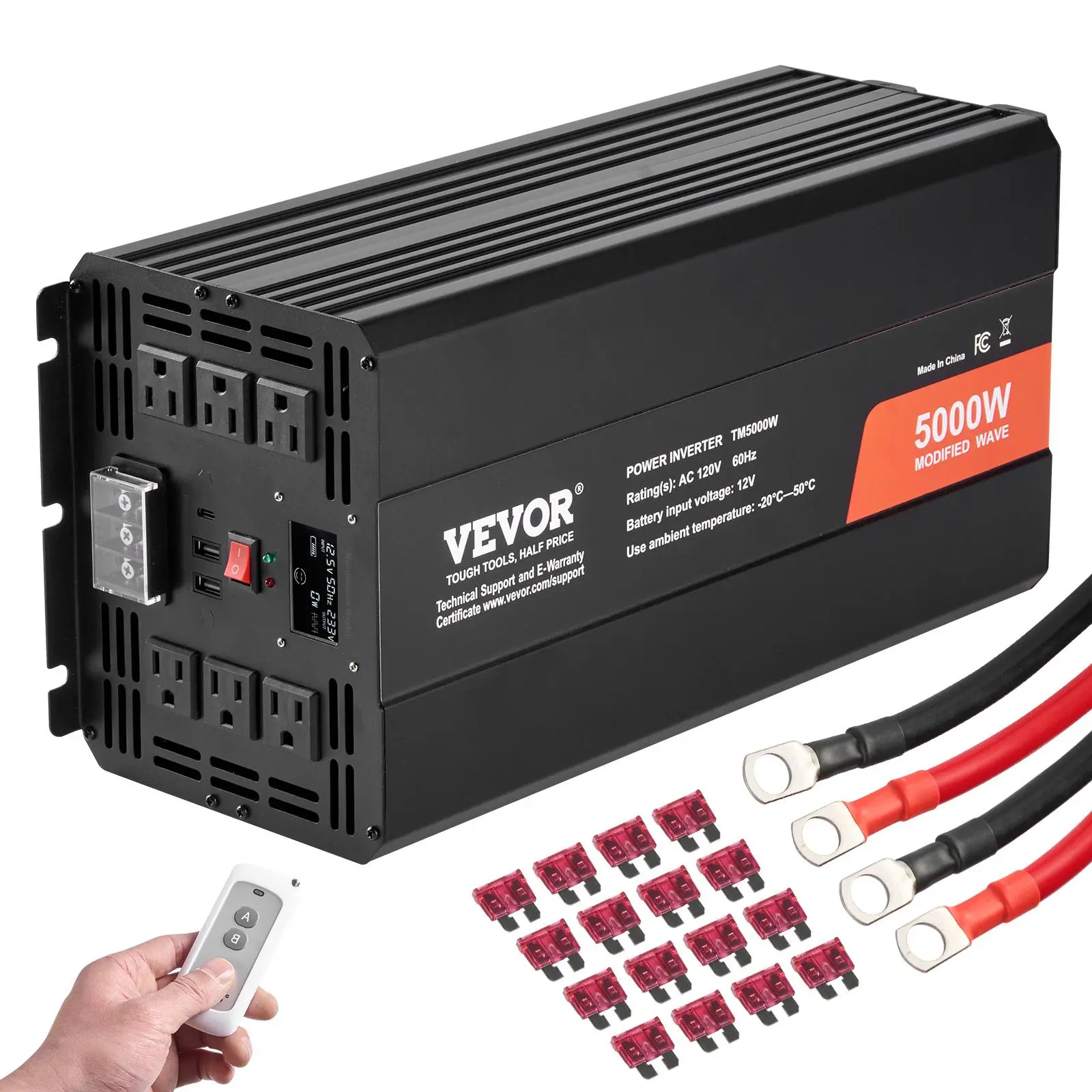 【summerfinds】VEVOR 12V DC to 120V AC Solar Modified Sine Wave Power Inverter with Switch, 5000W Max, Safety-Enhanced, 6 AC Outlets, 2 USB Ports, 1 Type-C Port, LCD Display, Remote Controller, 12V System for High-Load Home Appliances, Father's Day Gift, Mu